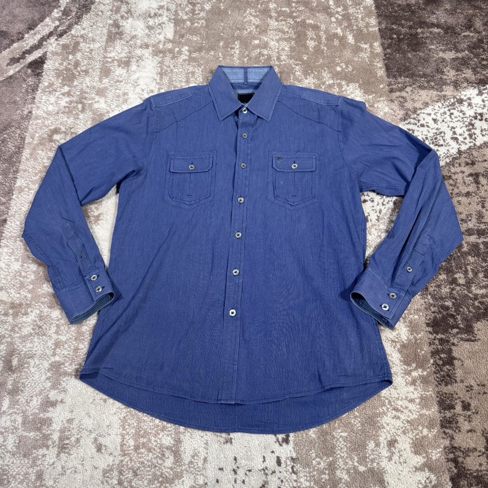 7 Diamonds Shirt Mens Medium Blue Button Up Dress Oxford Western Stretch